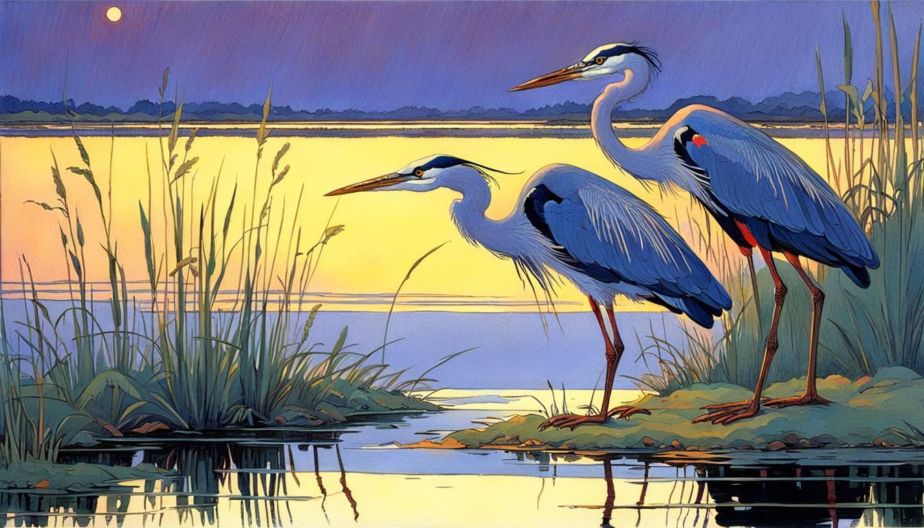 Heron in Marsh at Sunset: Moebius Impressionism