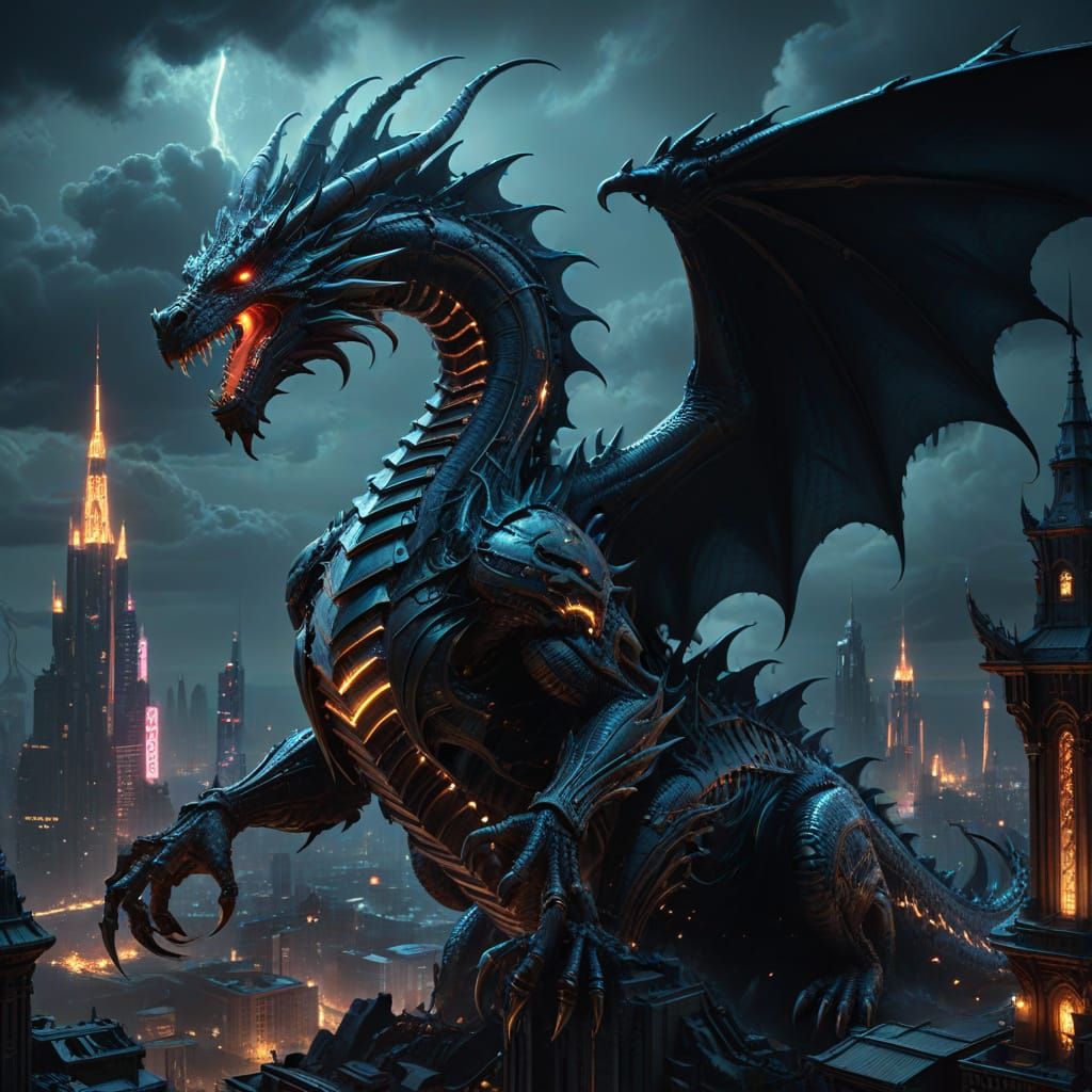 Biomechanical Dragon Coils Around Futuristic City Spire