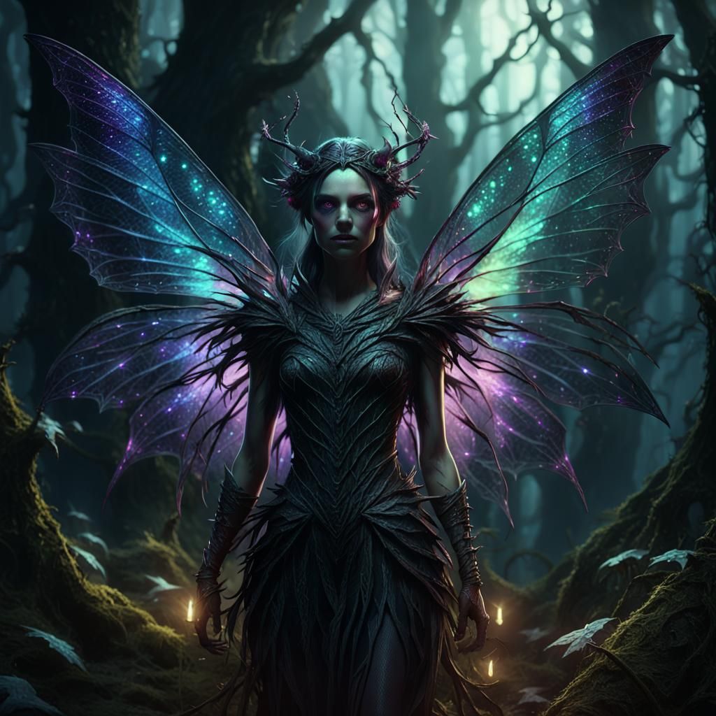 Dark Fairy in Glowing Forest, Art Nouveau Style