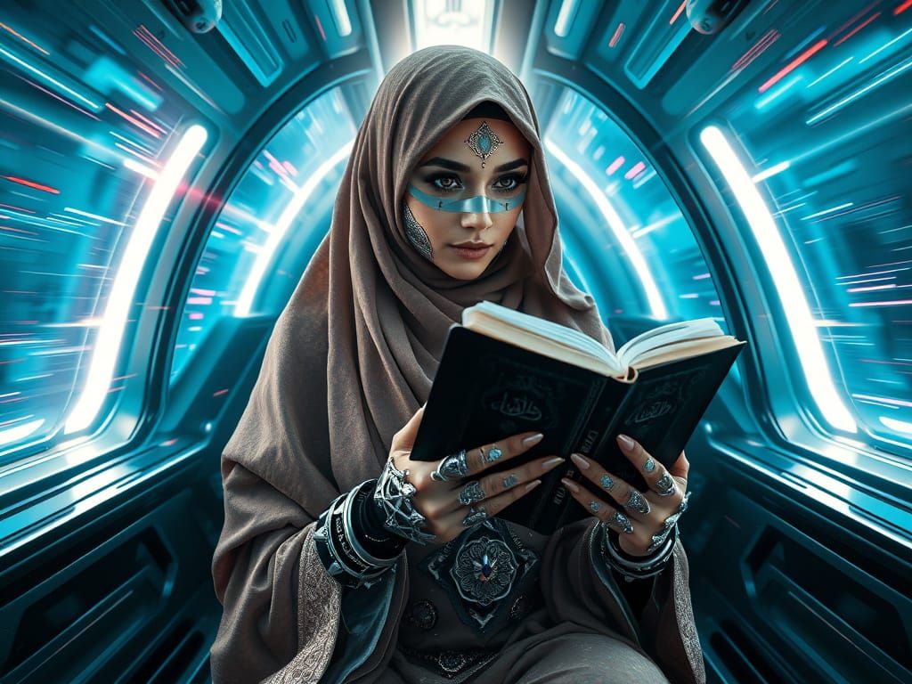 Glowing Hijabi Girl in Futuristic Quranic Setting