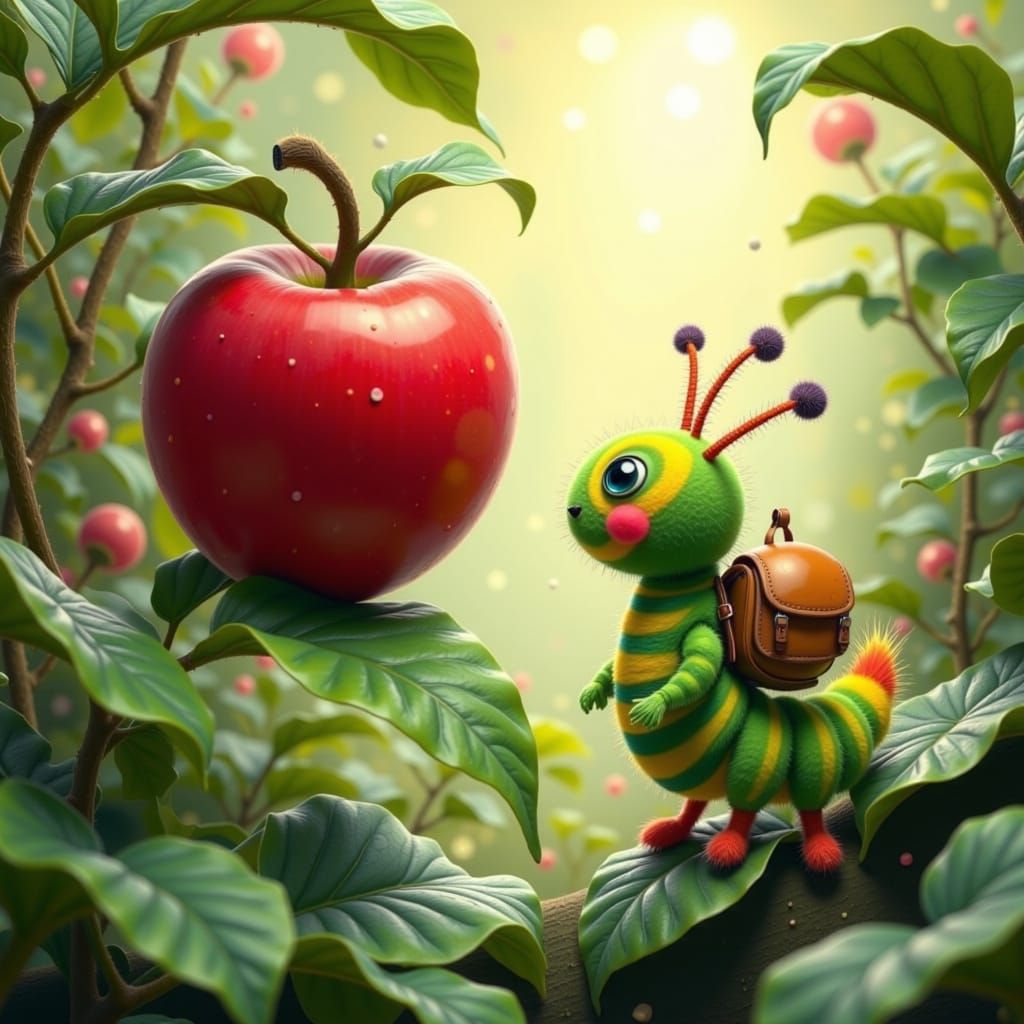 Wooly Caterpillar Finds Giant Apple in Whimsical Garden