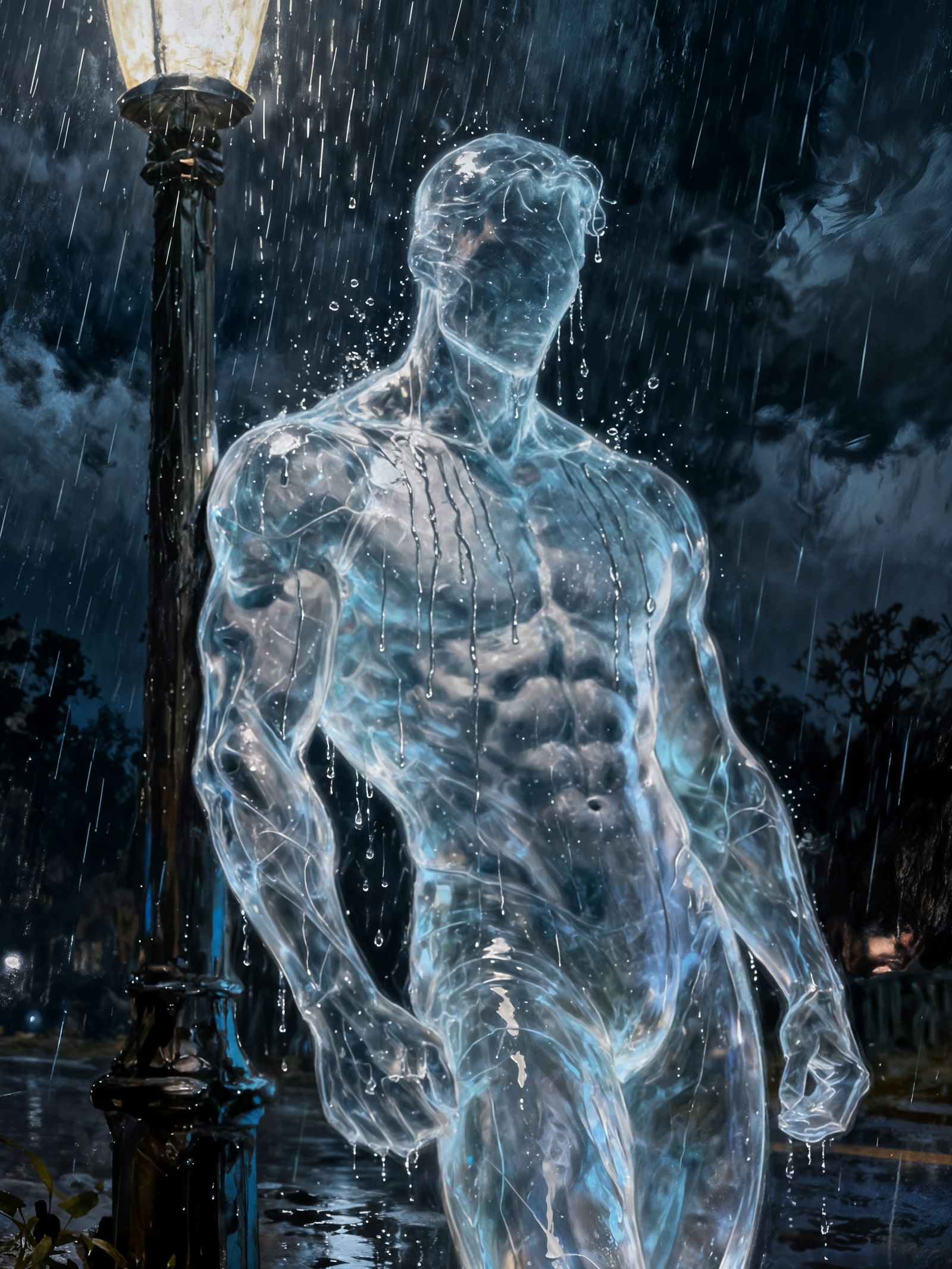 Transparent Man Revealed by Rain in City