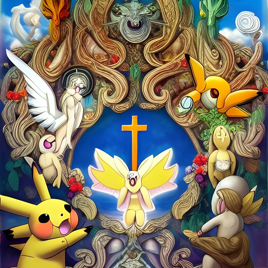 Surreal Pokémon Art with Christian Symbols