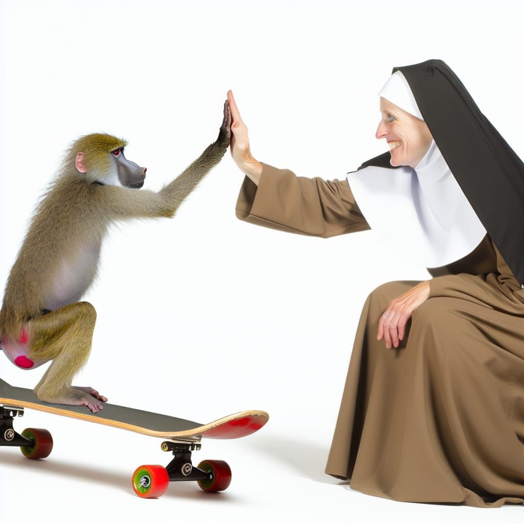 Baboon on Skateboard High Fiving a Nun