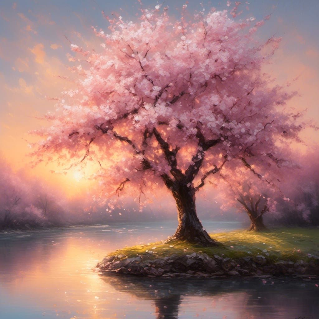 Cherry Blossom Impressionism: A Riverbank in Bloom
