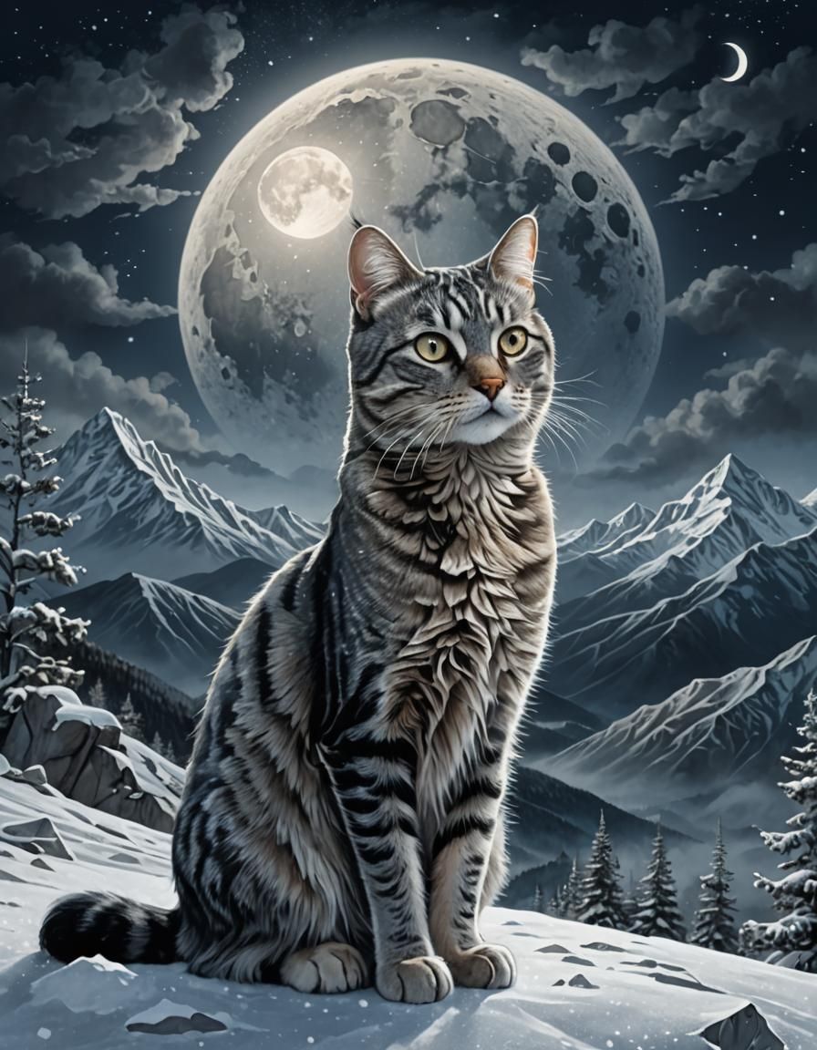 Tabby Cat in Snowy Landscape, Surrealistic Digital Art