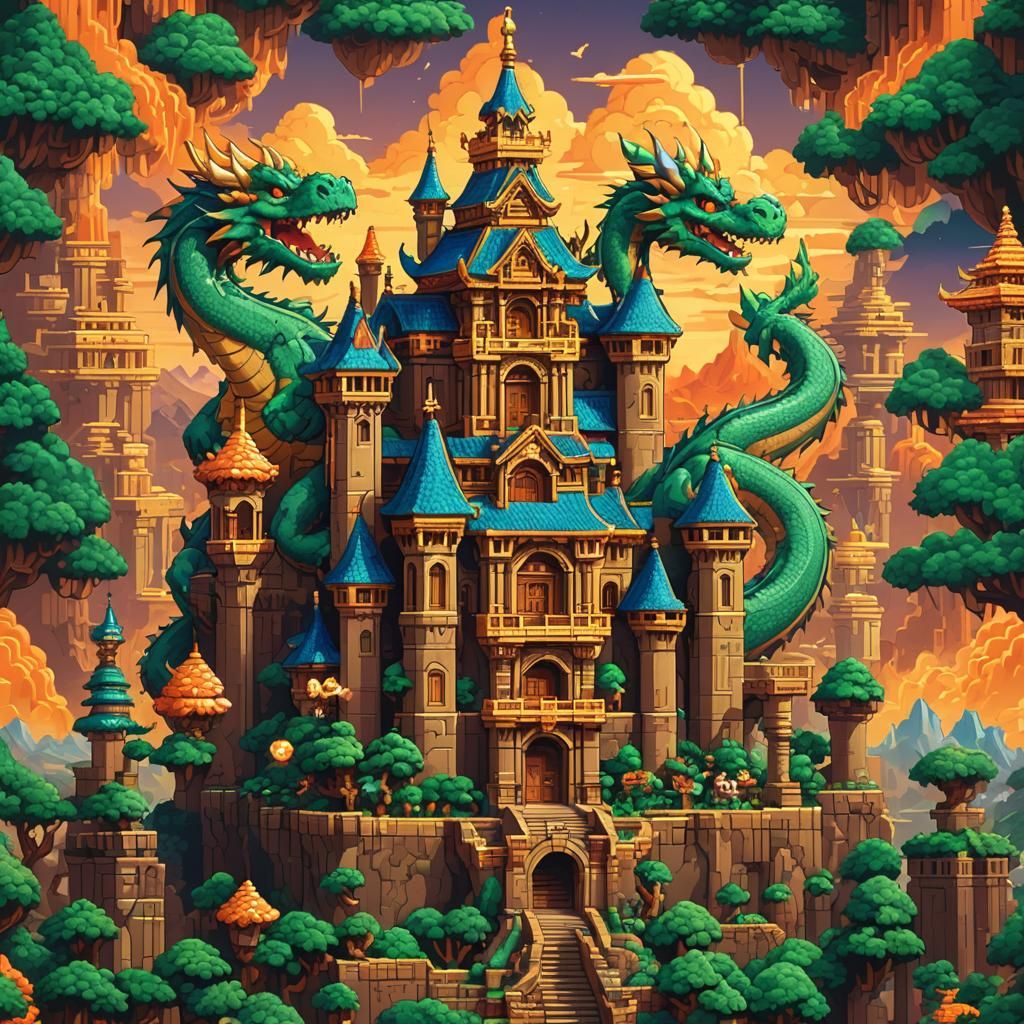 Pixel Art Dragon and Mario Temple Landscape
