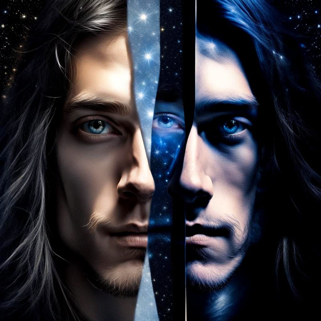 Cosmic Duality: Split Portrait in Silver and Cosmos