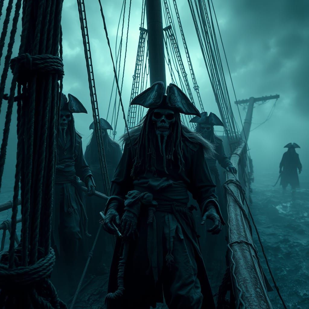 Eerie Ghost Ship with Creepy Pirates in Biomechanical Style