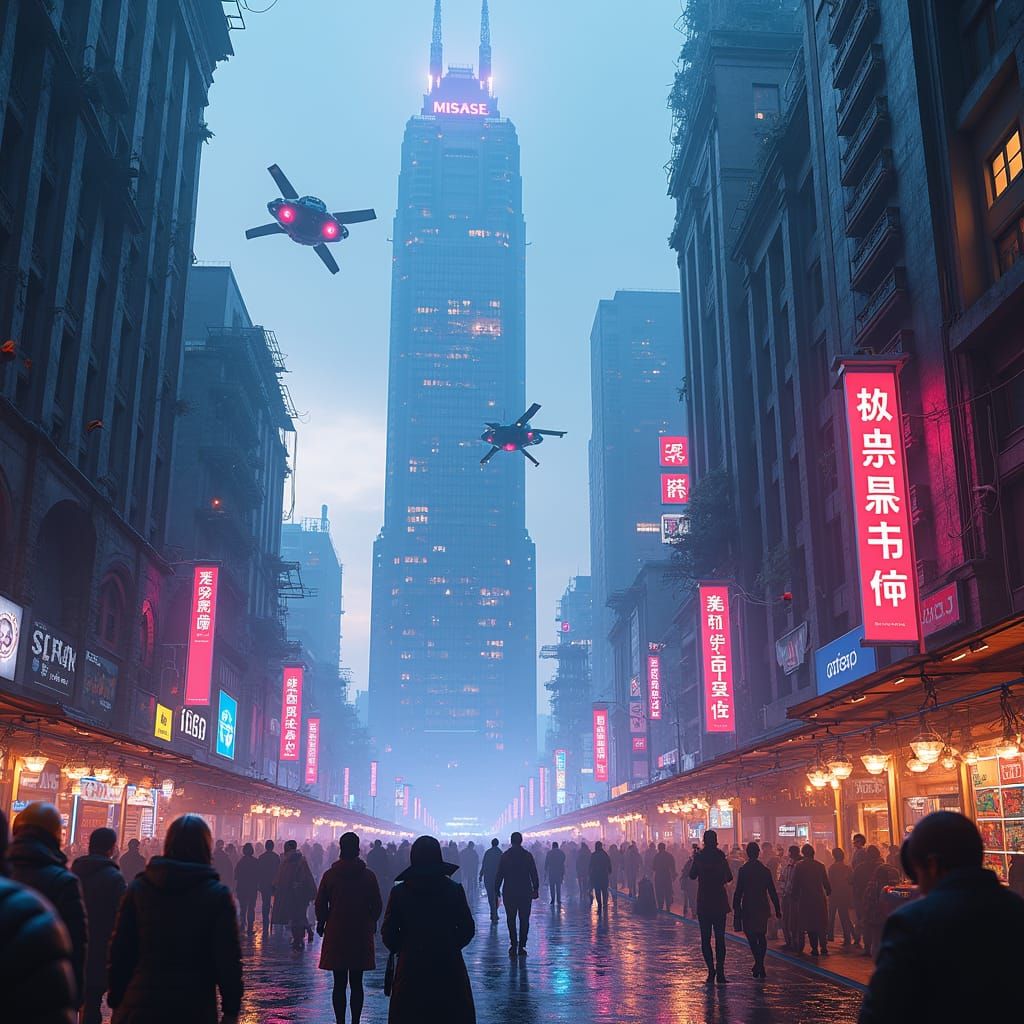 Futuristic Neon Cityscape in Biomechanical Surrealism