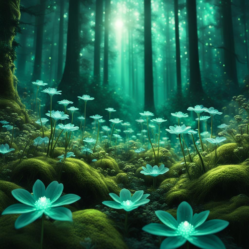 Crystal Flowers Bloom in Mystical Forest