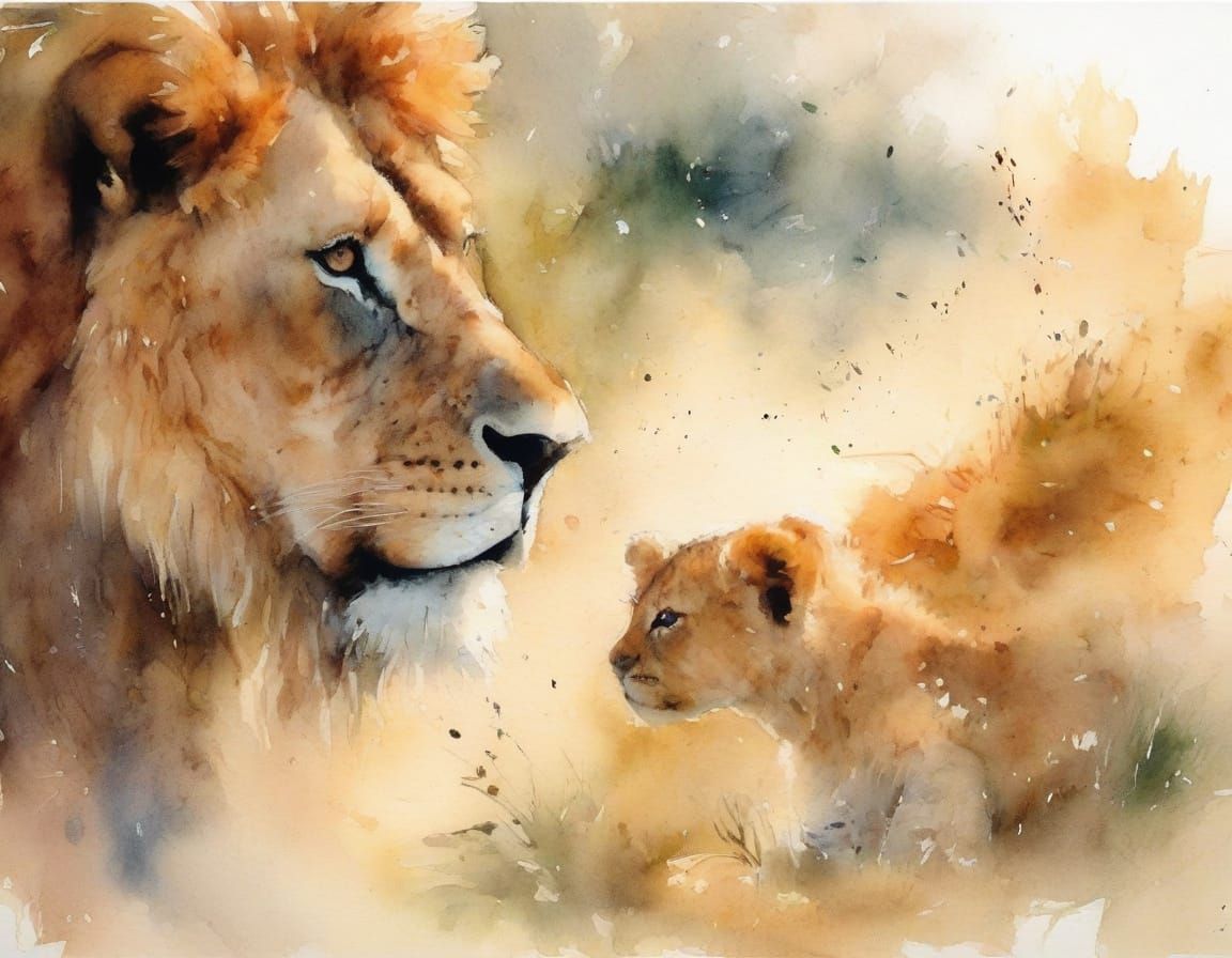 Momma Lion Teaches Baby Lion in Vibrant Watercolour