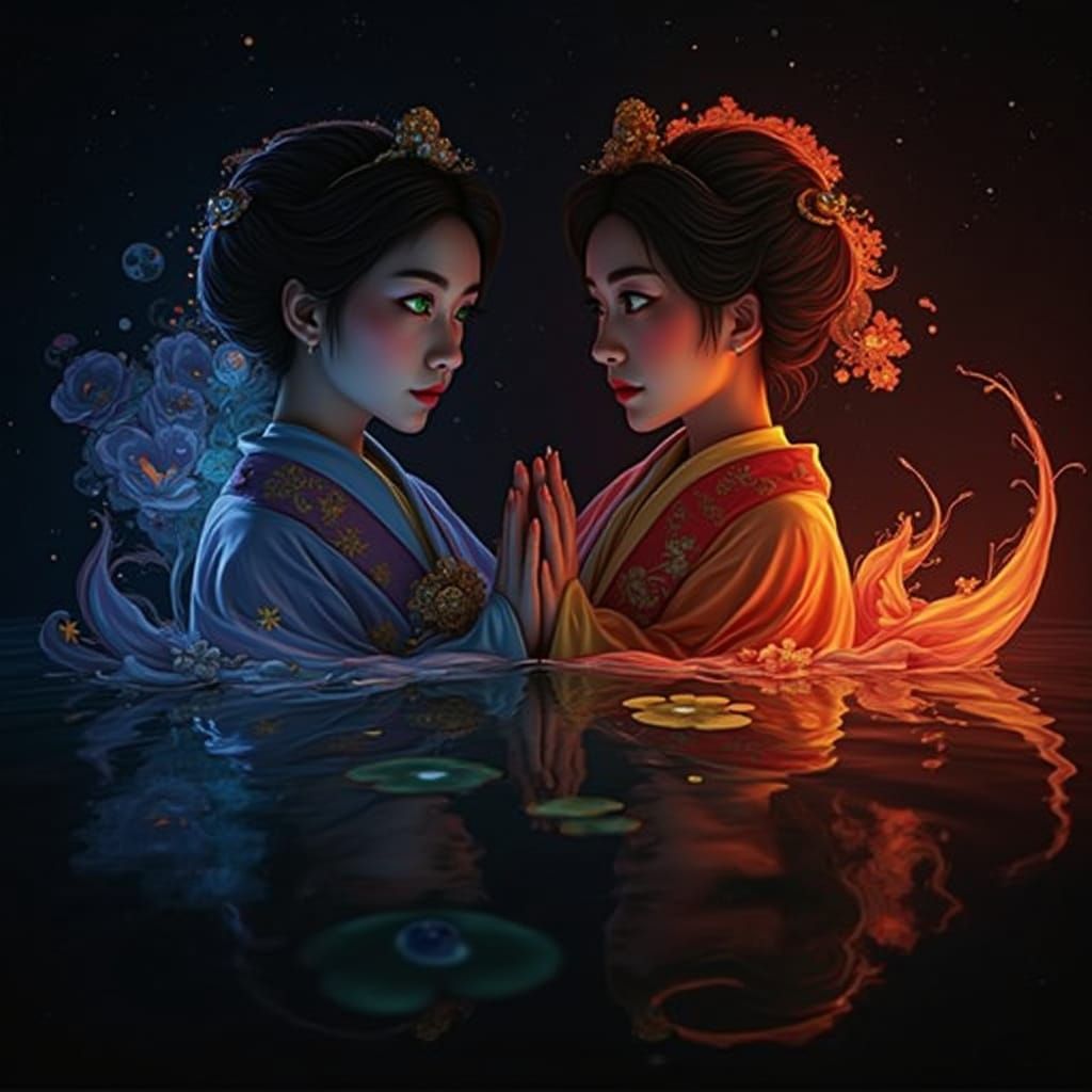 Geisha Portrait with Mirrored Reflection, Hyperrealistic Sty...