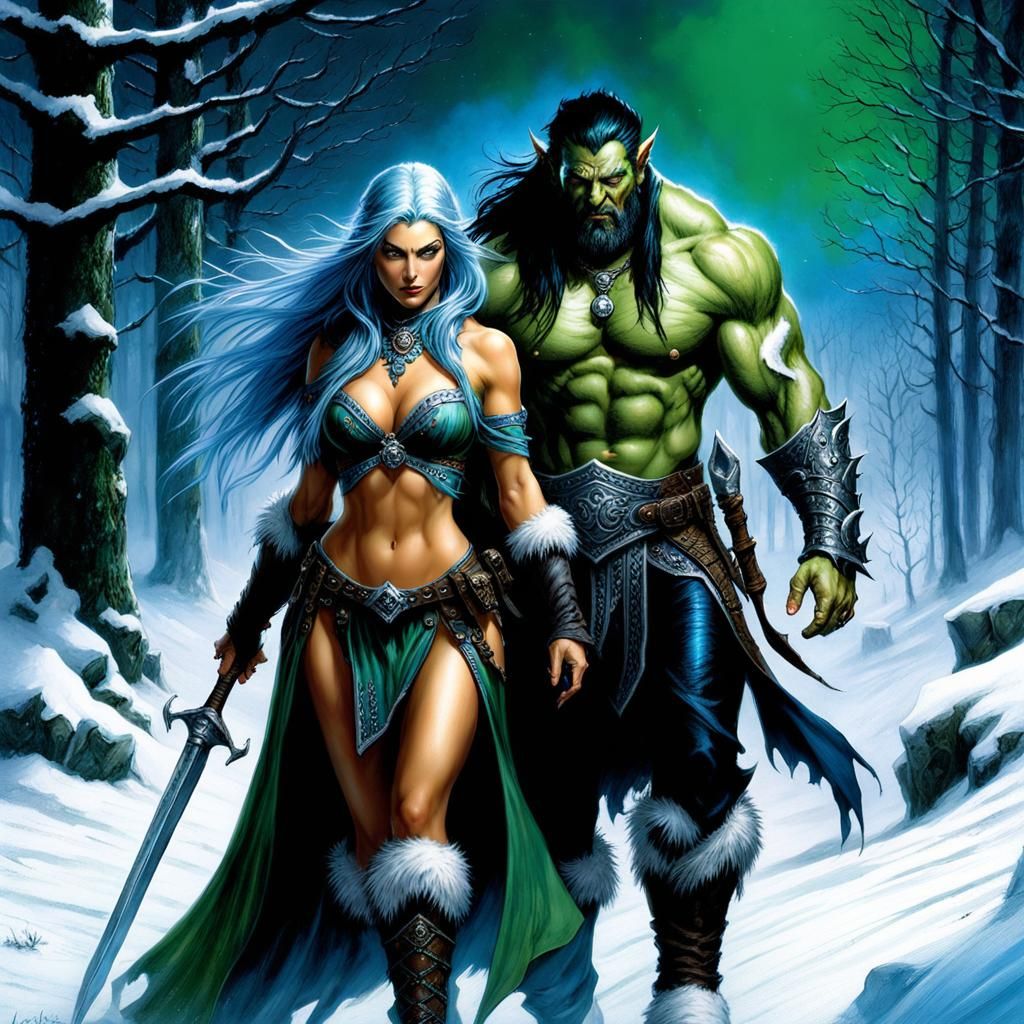 Elf Sorceress and Orc Warrior in a Snowy Landscape