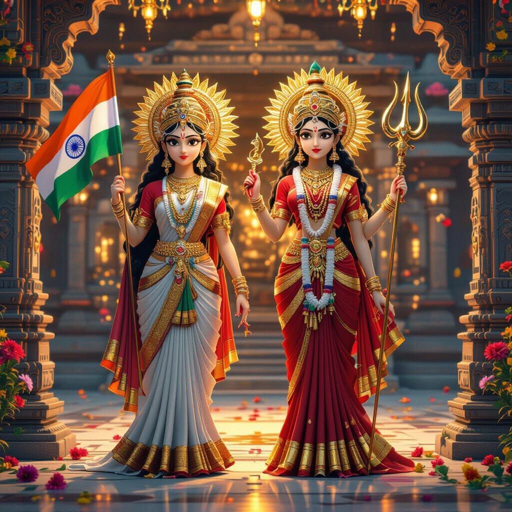 Bharat Mata and Maa Durga in Anime Art Style