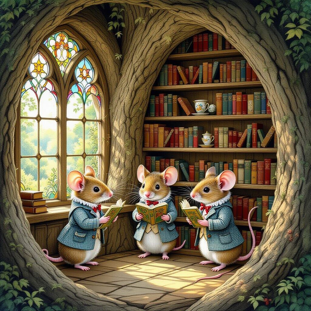 Mice in Woodland Library, Art Nouveau Style