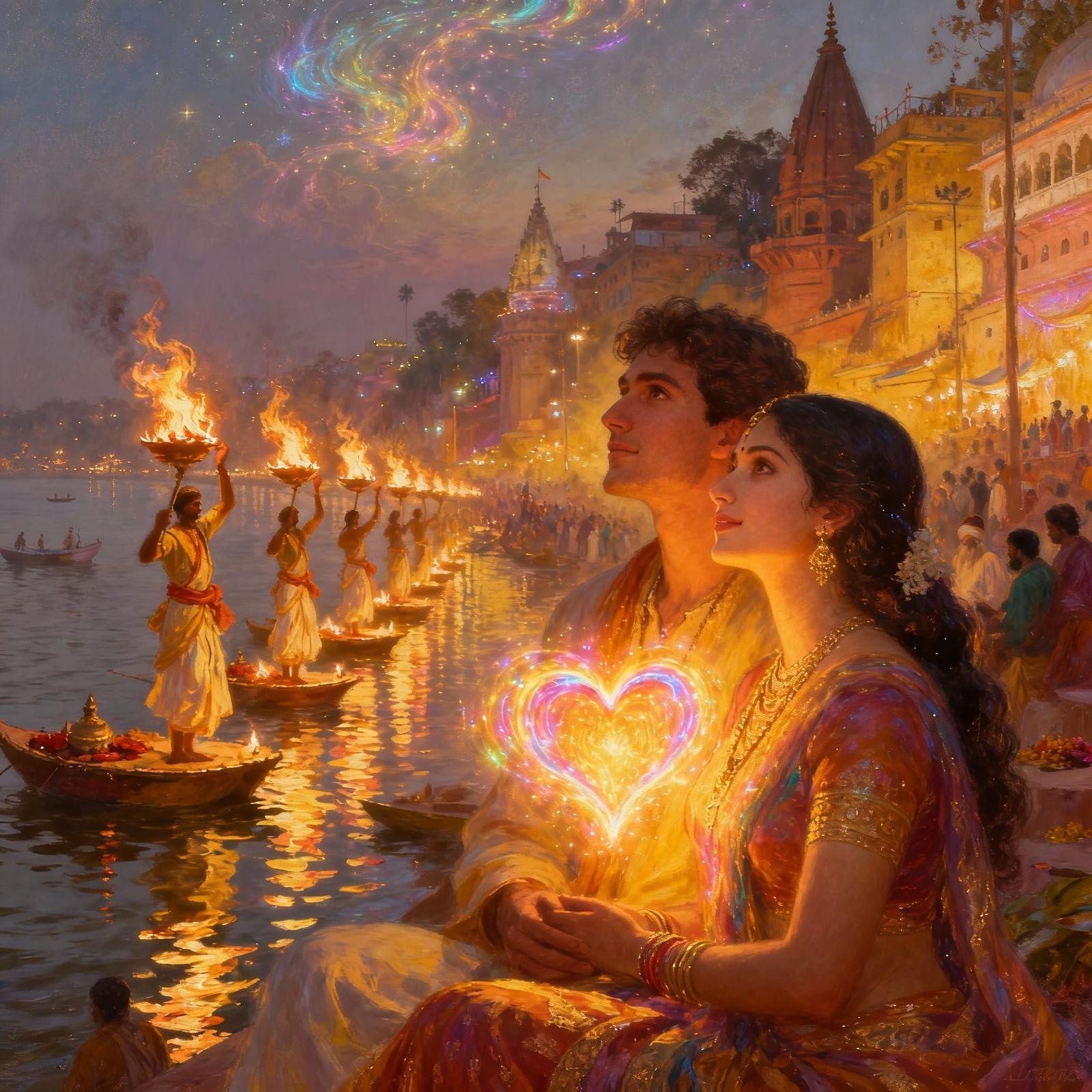 Couple's Glowing Hearts at Ganga Aarti in Varanasi