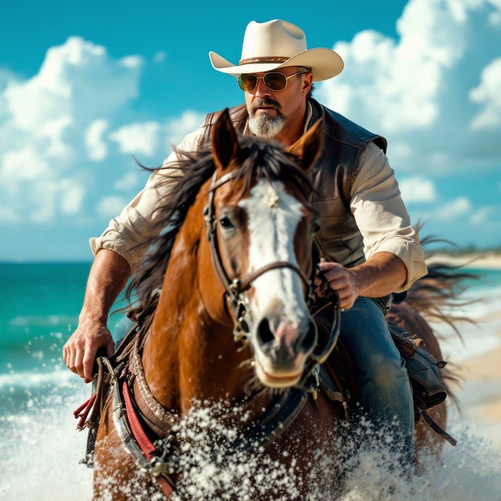 Cowboy on Horseback Gallops on Sun-Drenched Beach