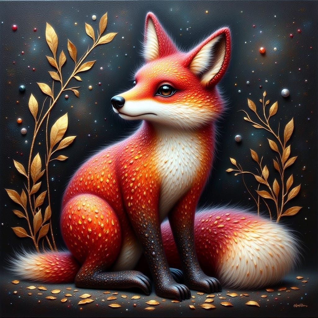 Luxurious Fantasy Scene with Fox Motif in Dark Stone Backgro...