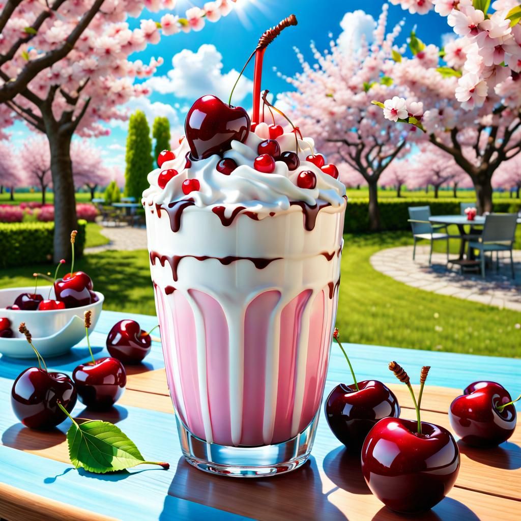 Hyperdetailed Cherry Milkshake on a Sunny Day