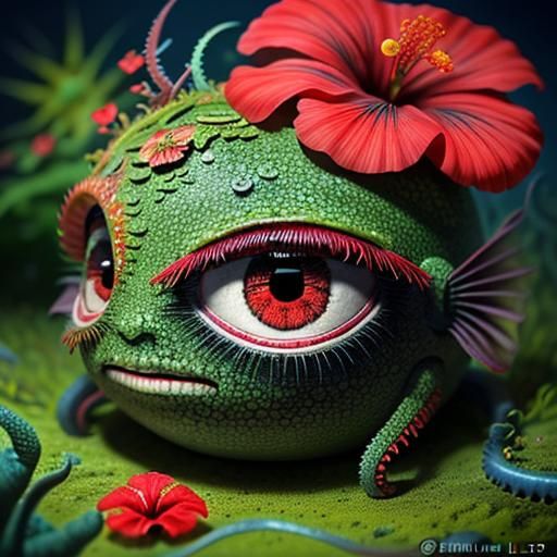 Surreal Chibi Sea Creature with Hibiscus