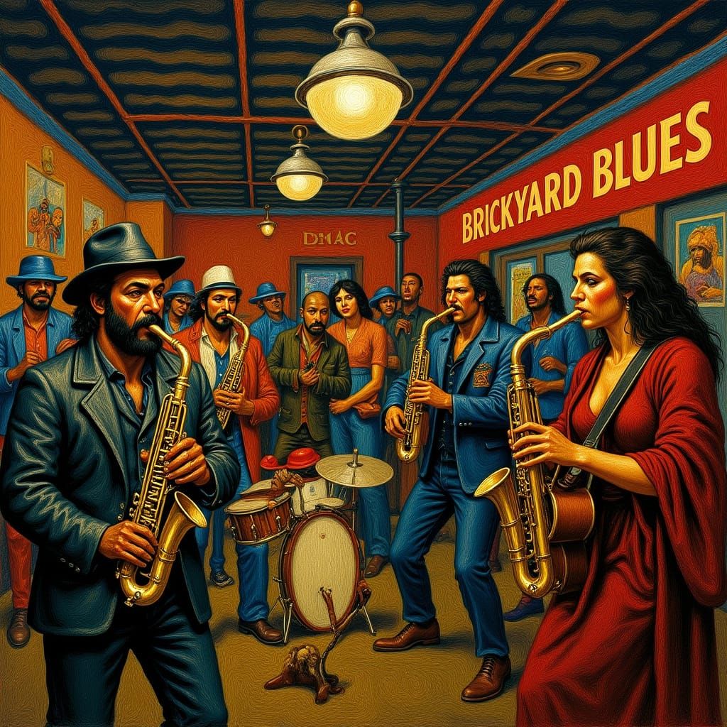 Funk R&B Band Performs in New Orleans, Oil Painting Style