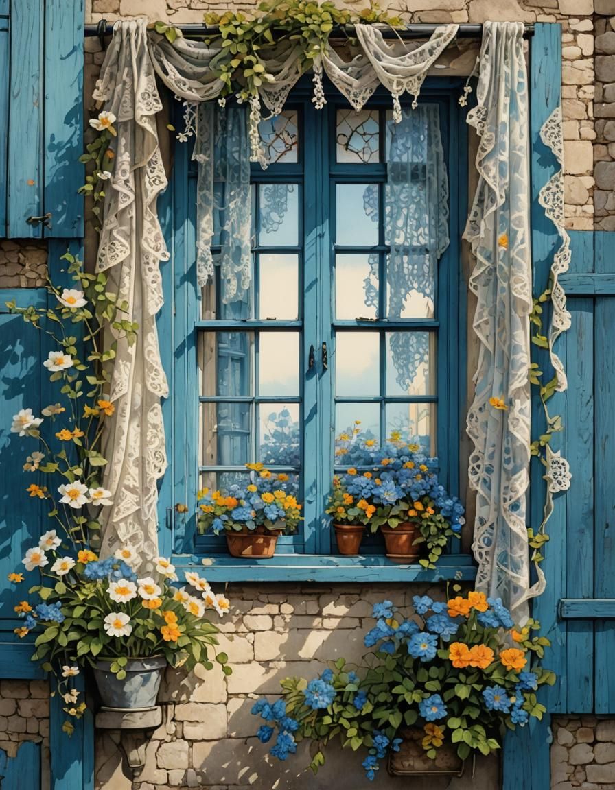 Ethereal Vintage Window with Flowers in Watercolour Style