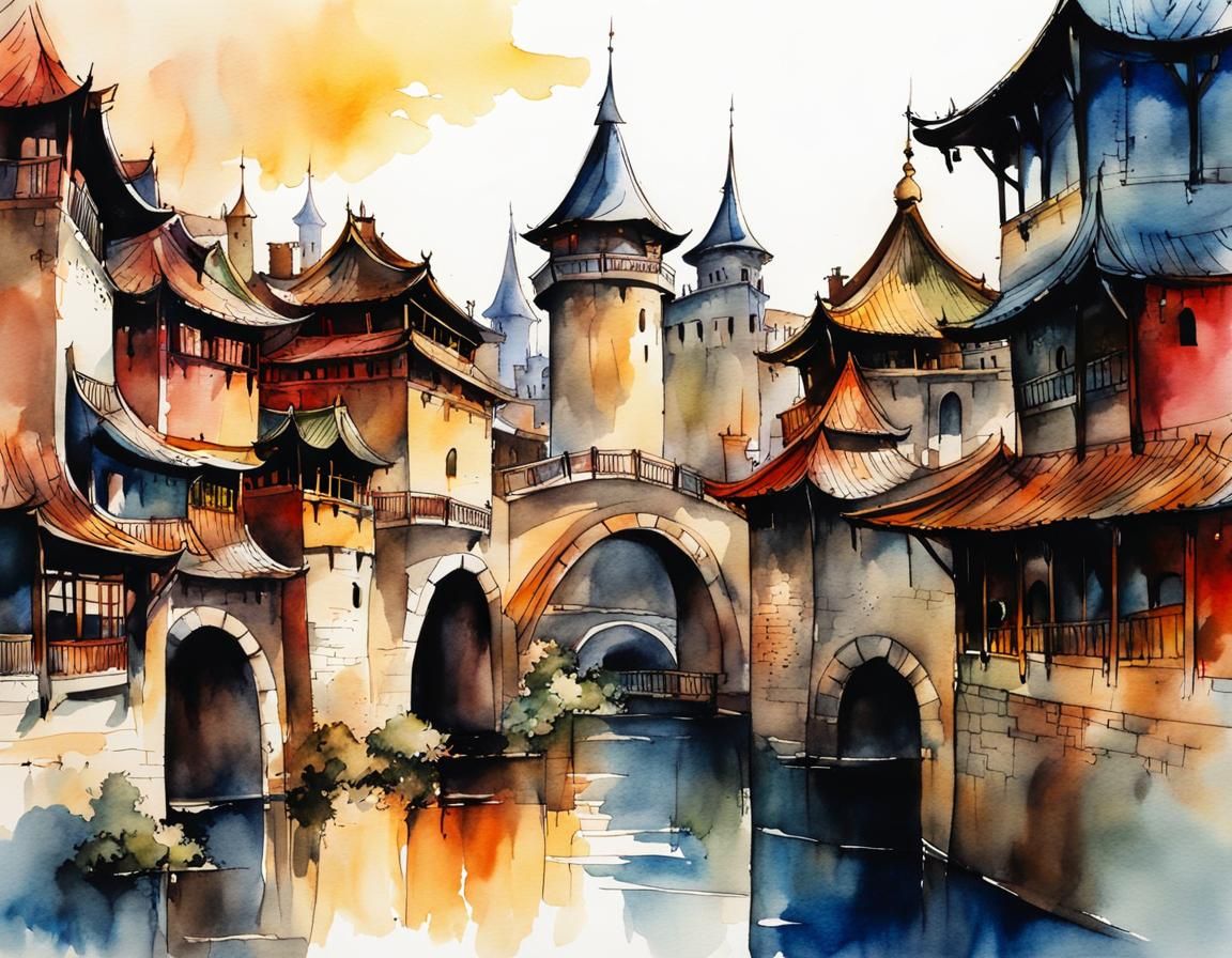 Medieval City with Castle in Watercolor Style