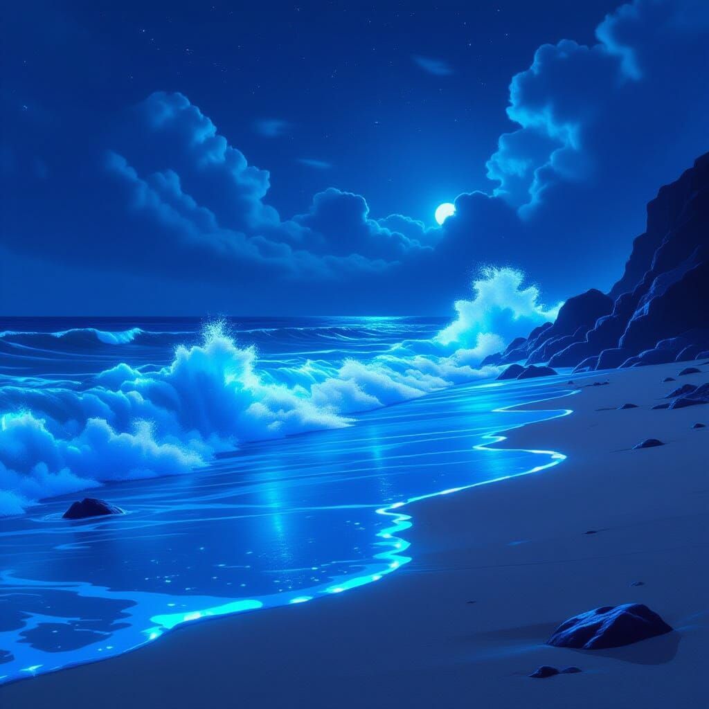 Bioluminescent Waves at Night: Fantasy Concept Art