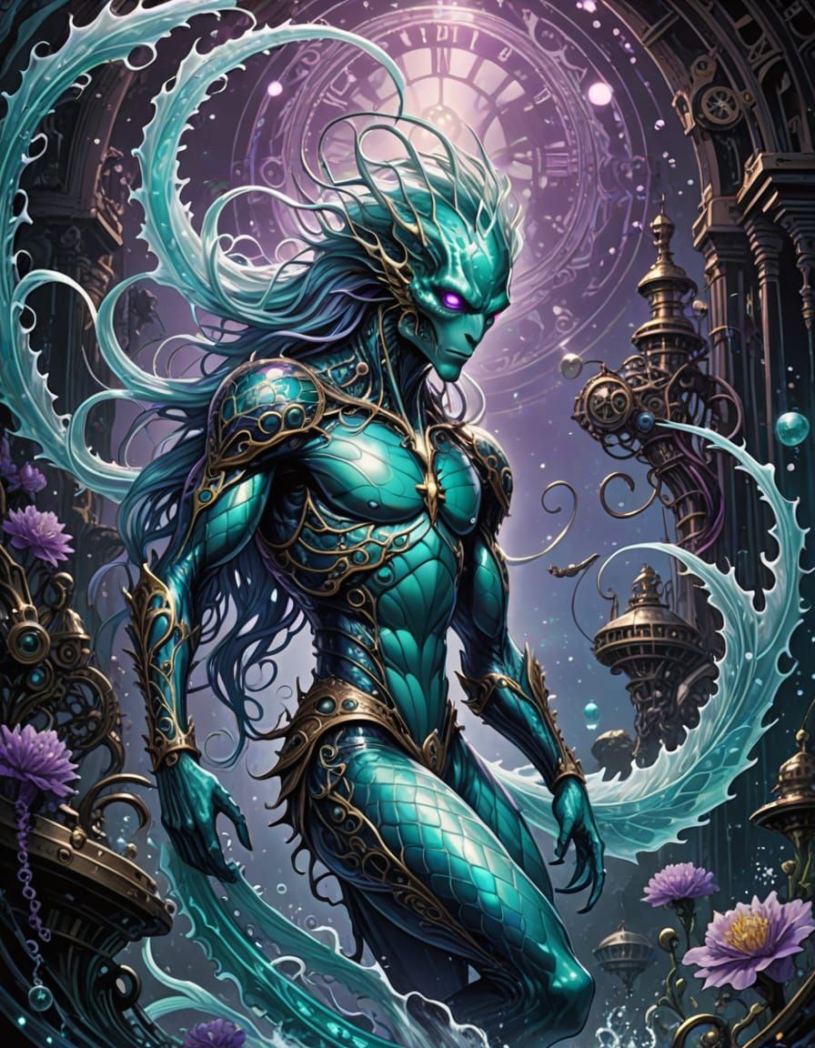Ethereal Steampunk Merfolk in a Vibrant Fantasy Realm