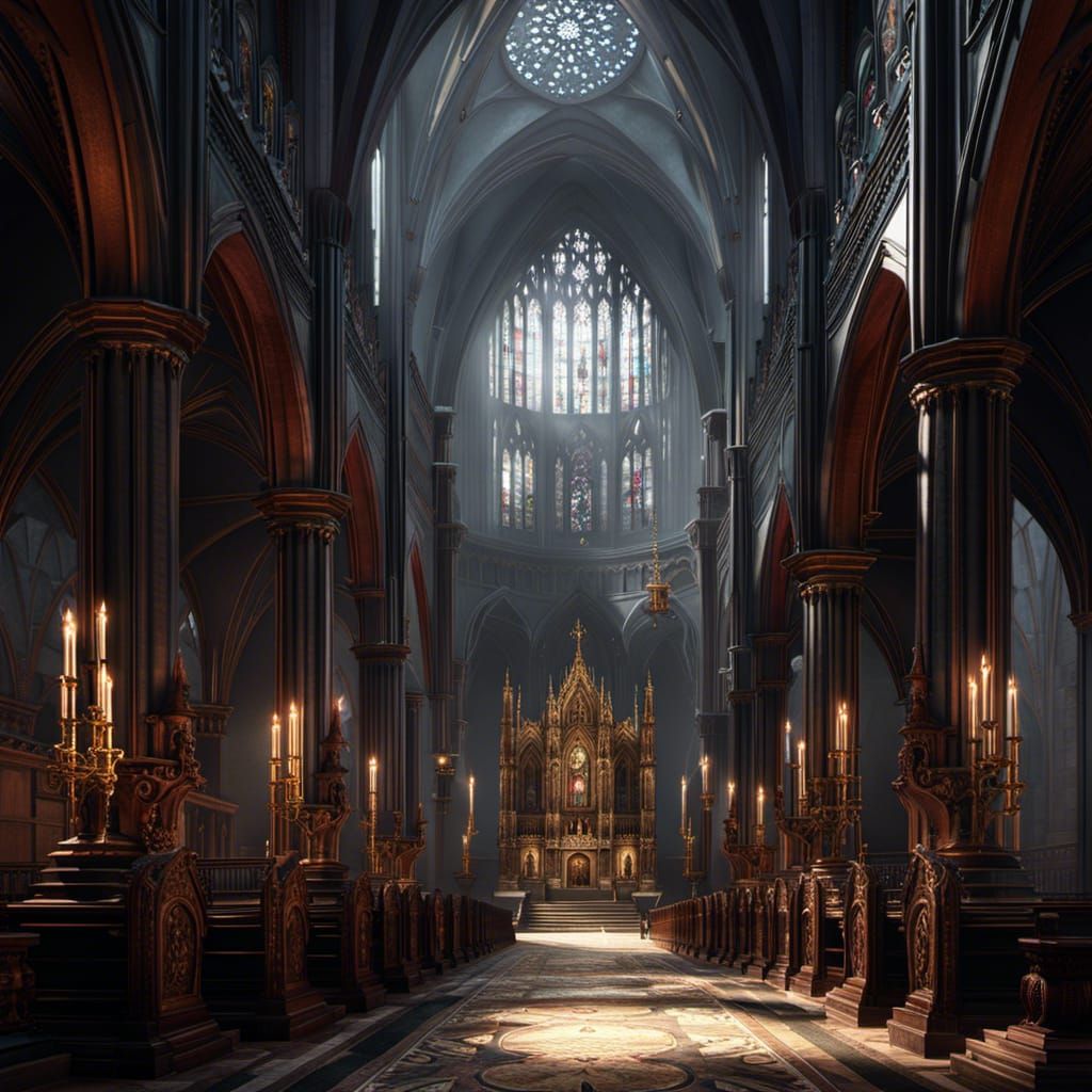Ornate Gothic Church Interior with Sinister Monks