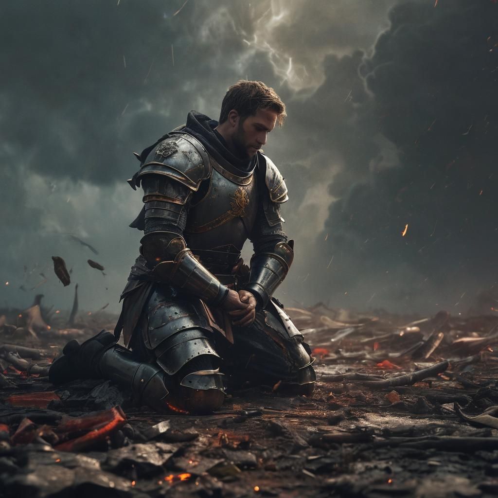 Knight's Armor Assembling During Tornado, Dark Fantasy Art