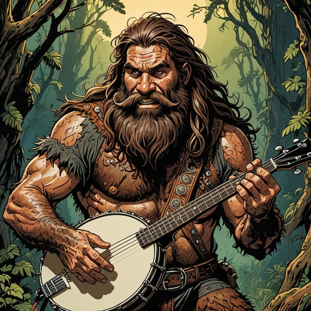 Cartoon Caveman Plays Banjo in Comic Book Art