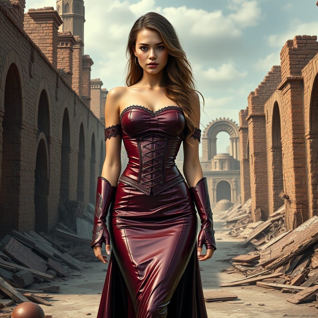 Burgundy Woman in Hyperrealistic Armor Dress