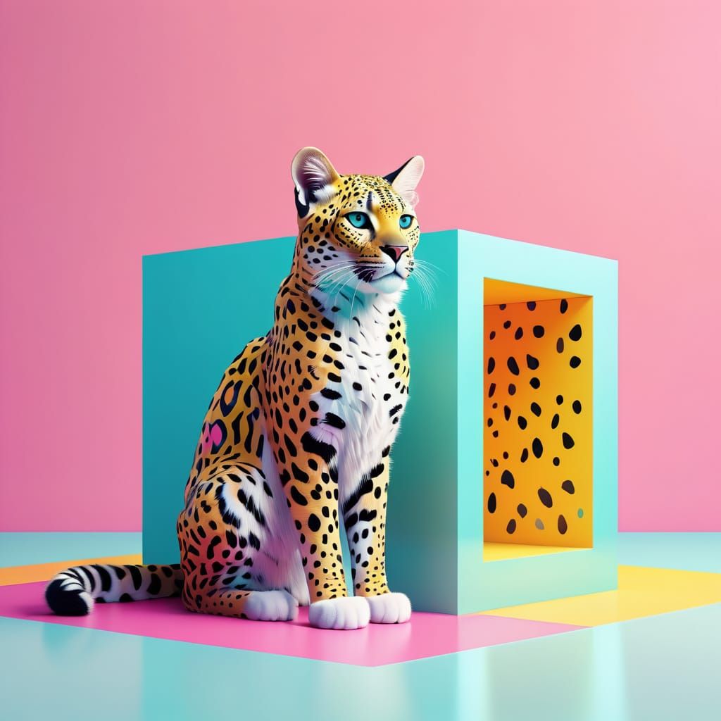 Vibrant 3D Feline Cubist in Futuristic Setting