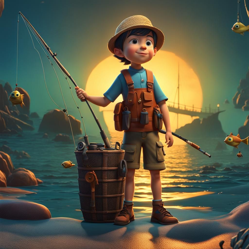 Boy Sea-Fishing in Pixar Style 3D Art