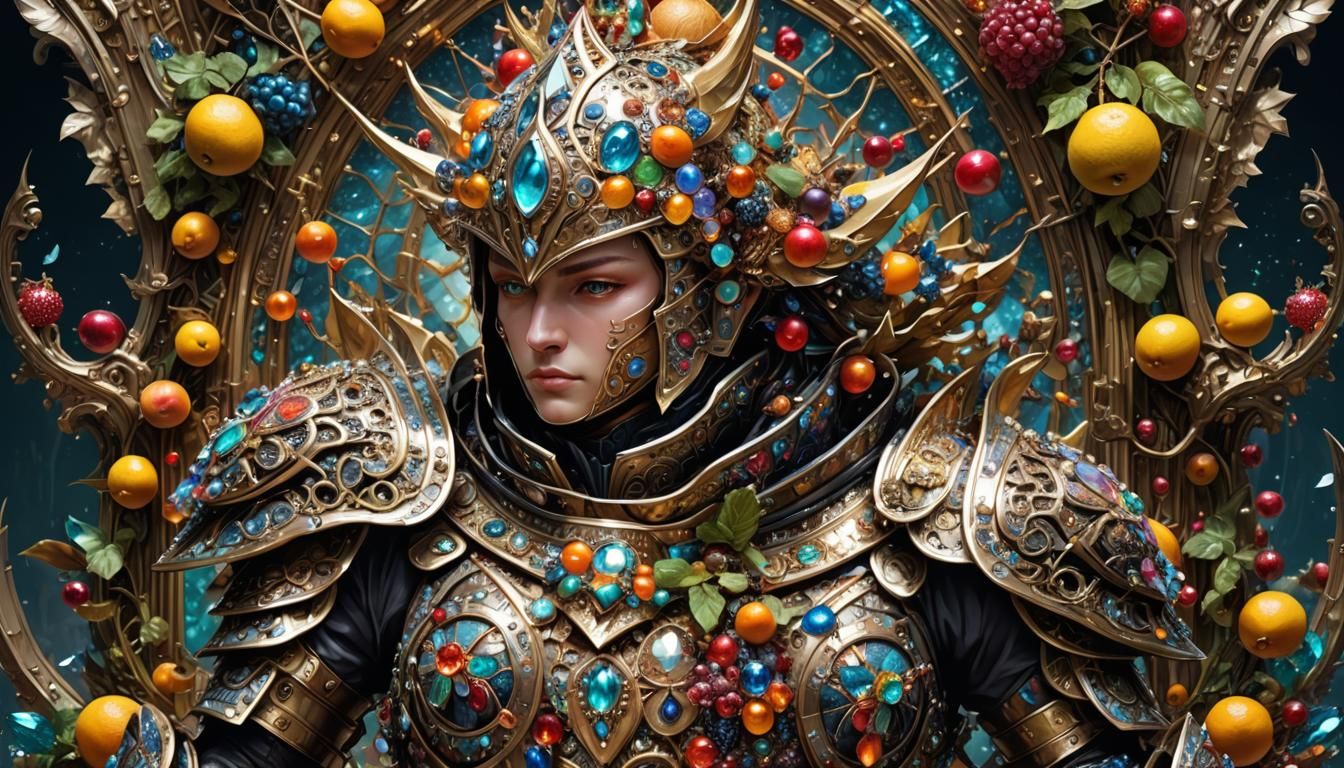 Crystalline Fruit Armor: A Futuristic Fantasy Artwork