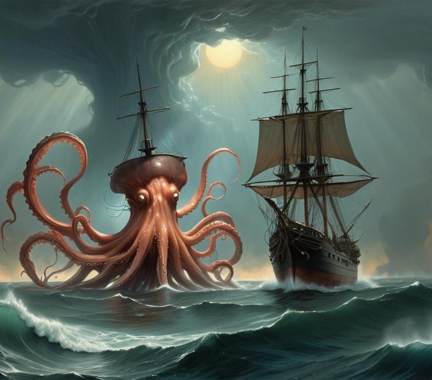 Tall Ship Under Attack by Giant Squid