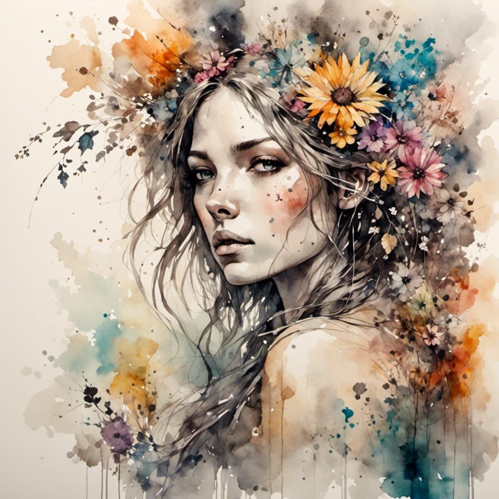 Grunge Hippie Portrait in Antique Watercolor Style