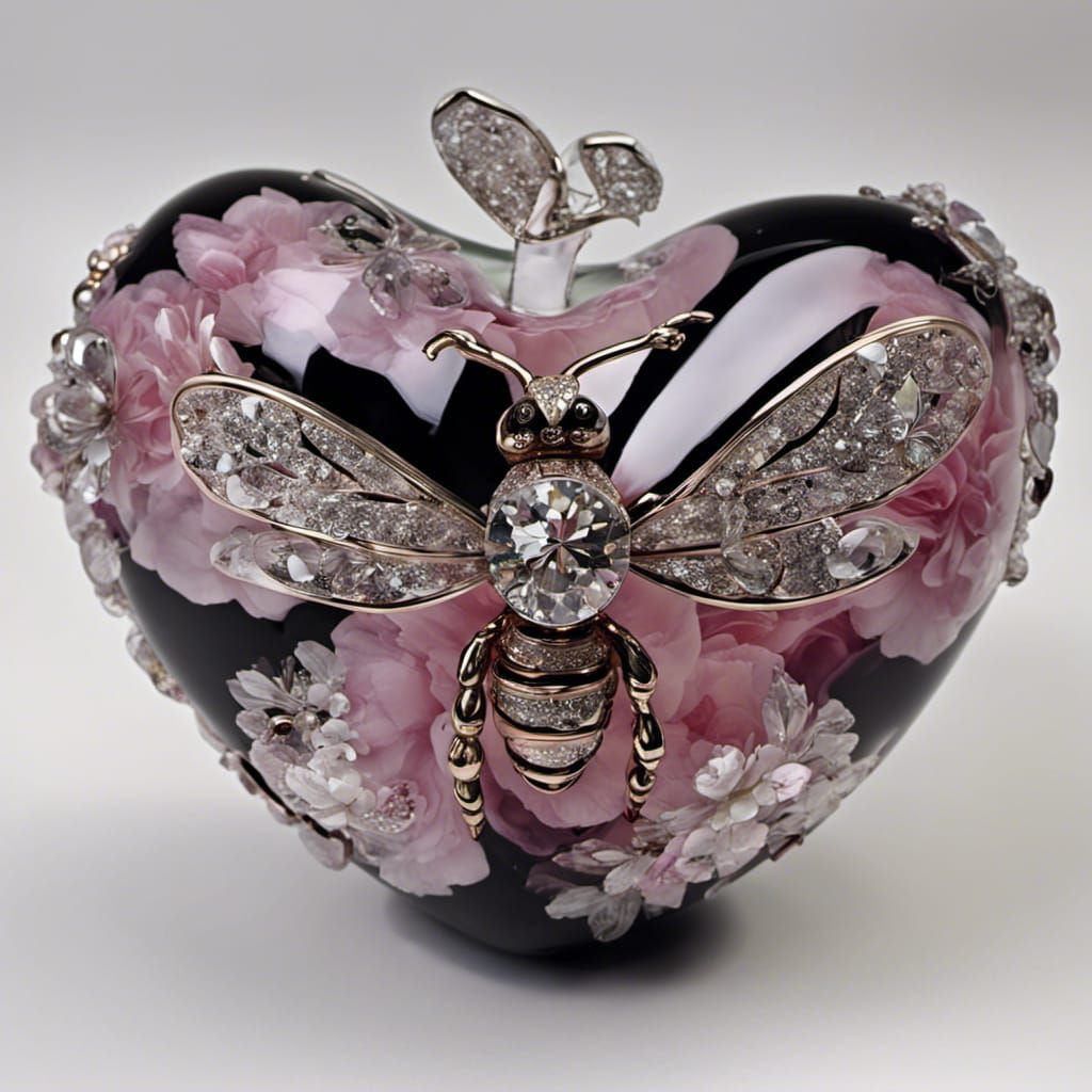 Crystal Heart Apple Sphere with Bumblebee in Decoupage Style