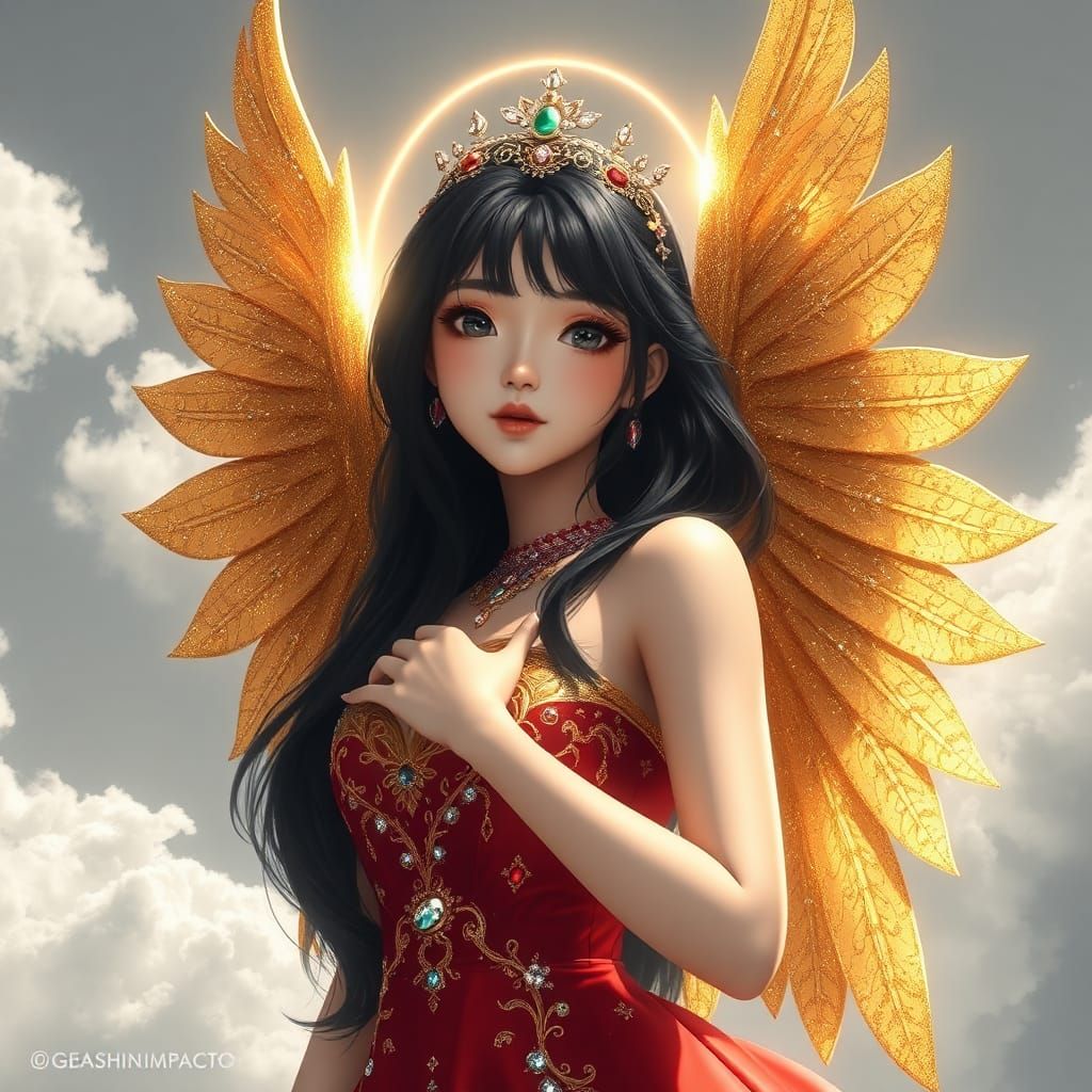 Golden Angel with Glitter Wings: 3D Anime Art