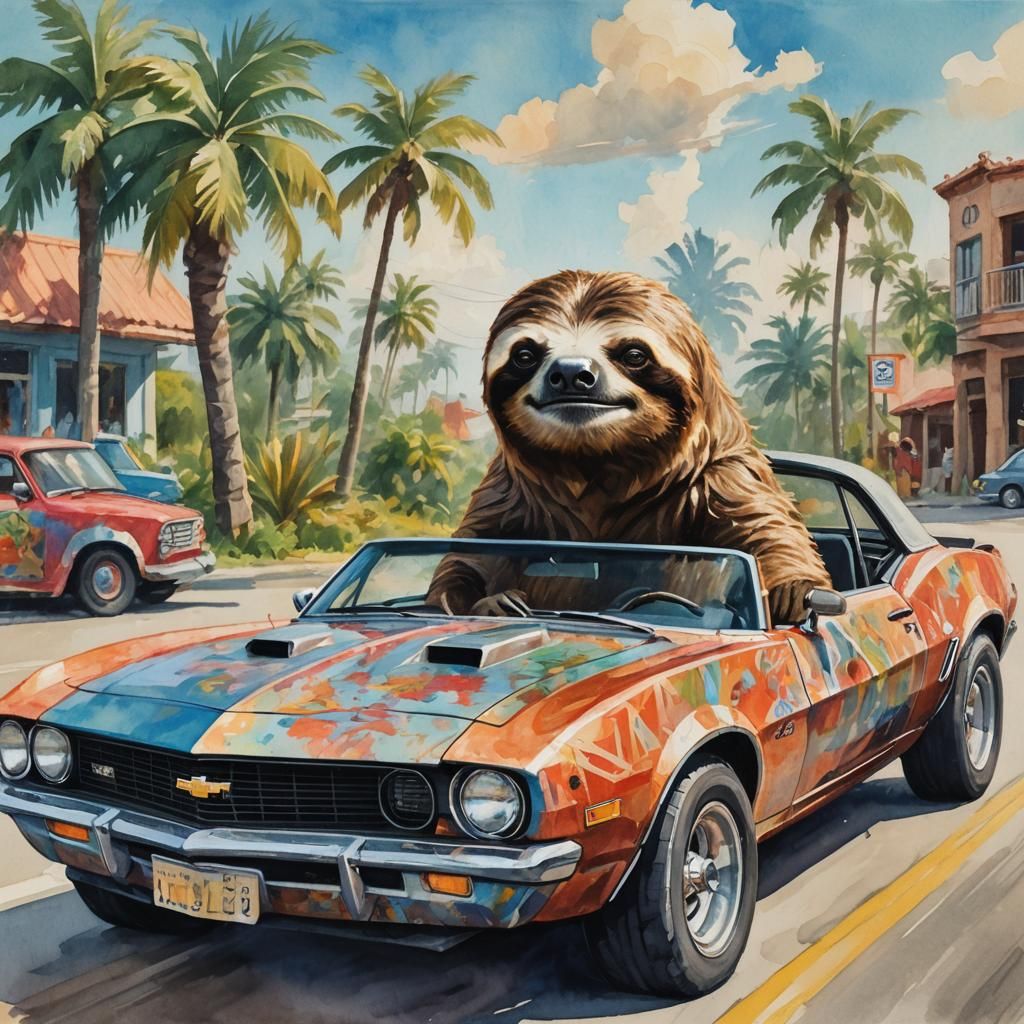 Sloth Drives Camaro: Gouache Impressionist Masterpiece