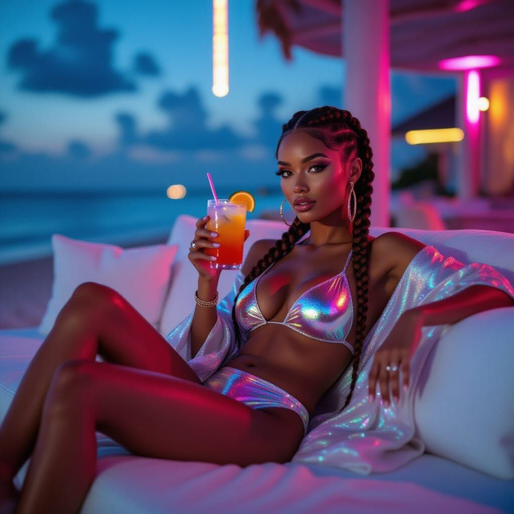 Radiant Woman at Beach Club in Photorealistic Style