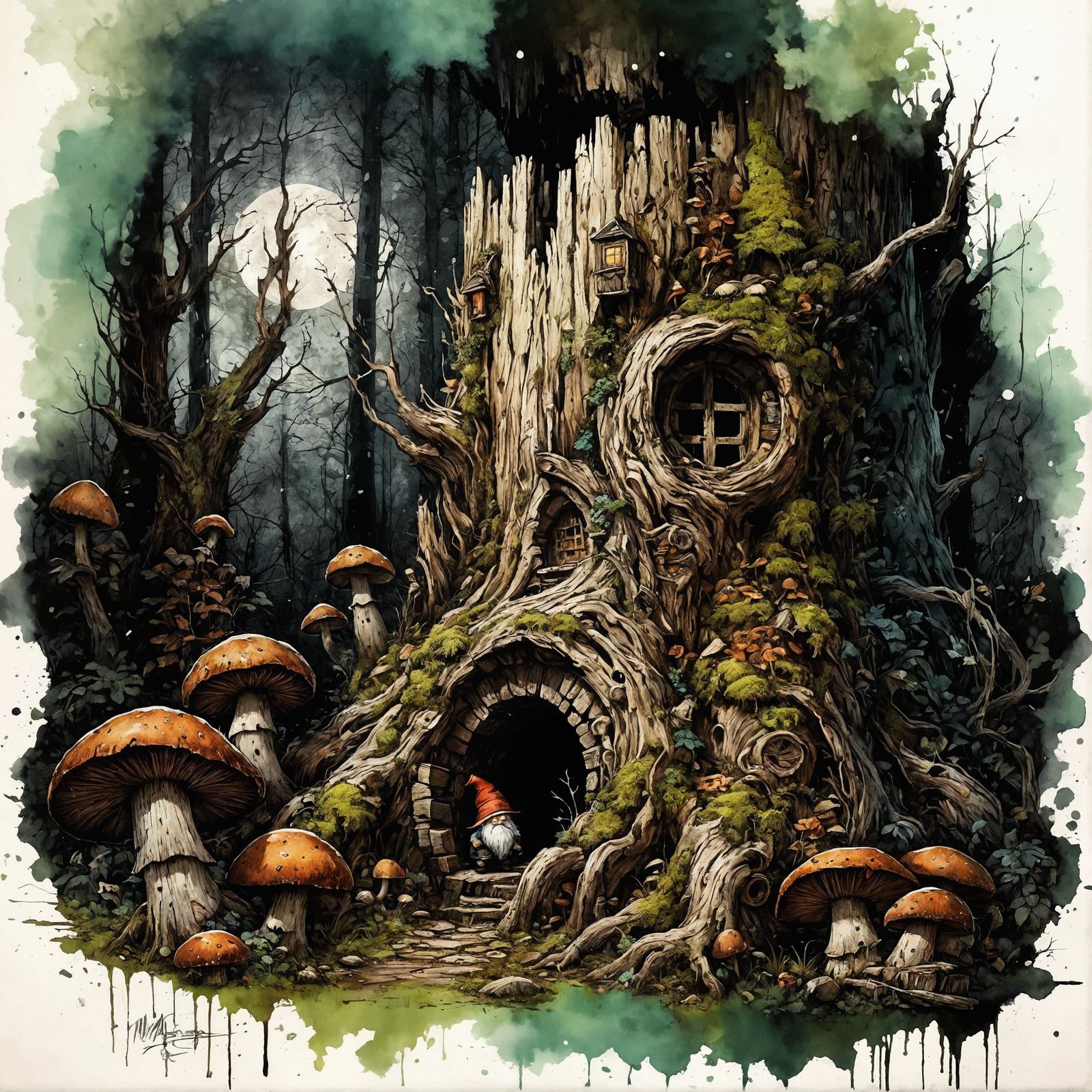 Fantasy Forest Gnome Home in Ink Sketch Style