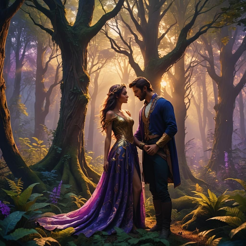 Romantic Couple Embrace in Glowing Fantasy Forest