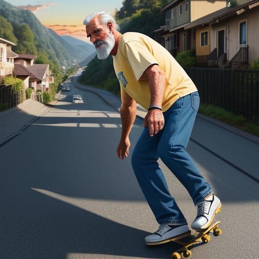 Elderly Skateboarder Rides into Sunset: Cinematic Oil Painti...