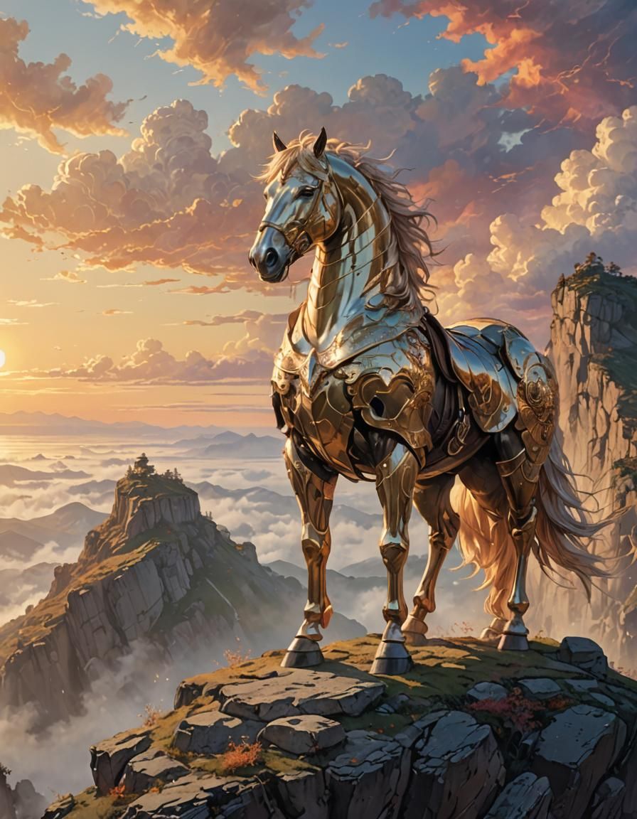 Armored Horse Sounds Horn in Fantasy Landscape