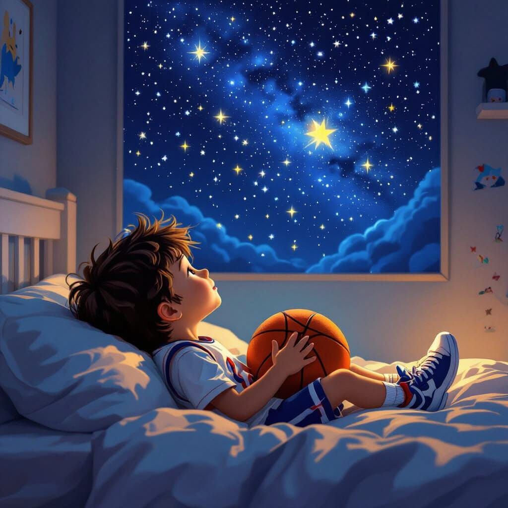 Boy's Basketball Dream Under Starry Night Sky