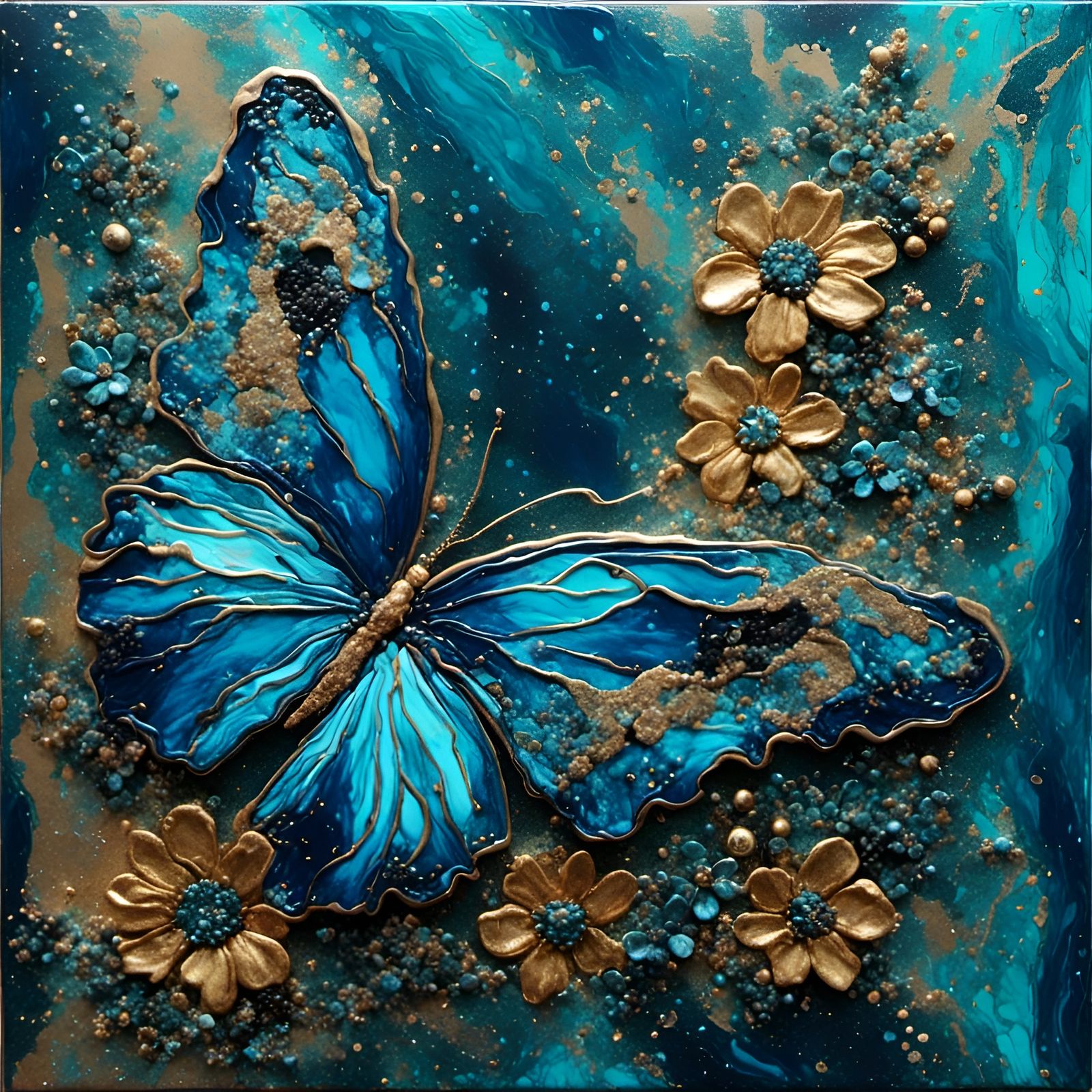 Blue Butterfly Pollinating Exotic Flower in Acrylic Texture