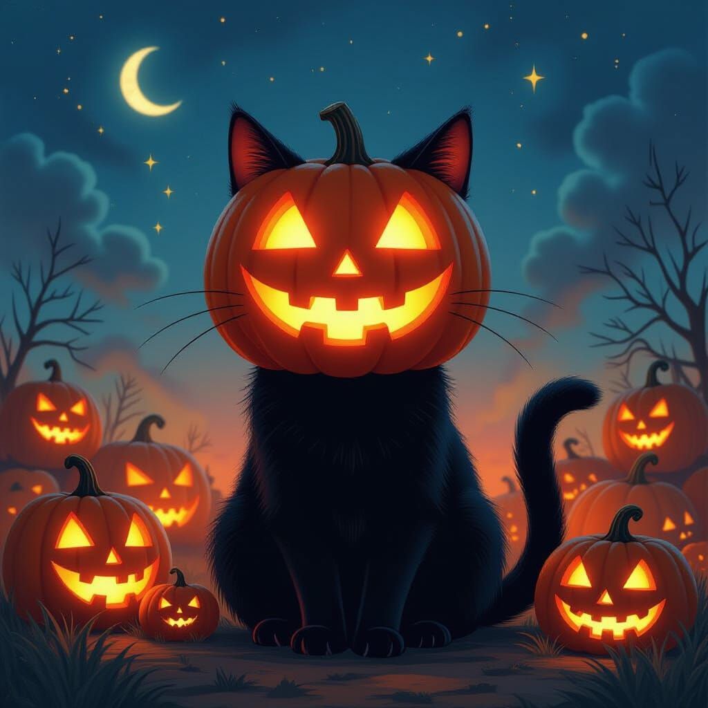 Black Cat With Glowing Pumpkin Head Illuminates Night Sky